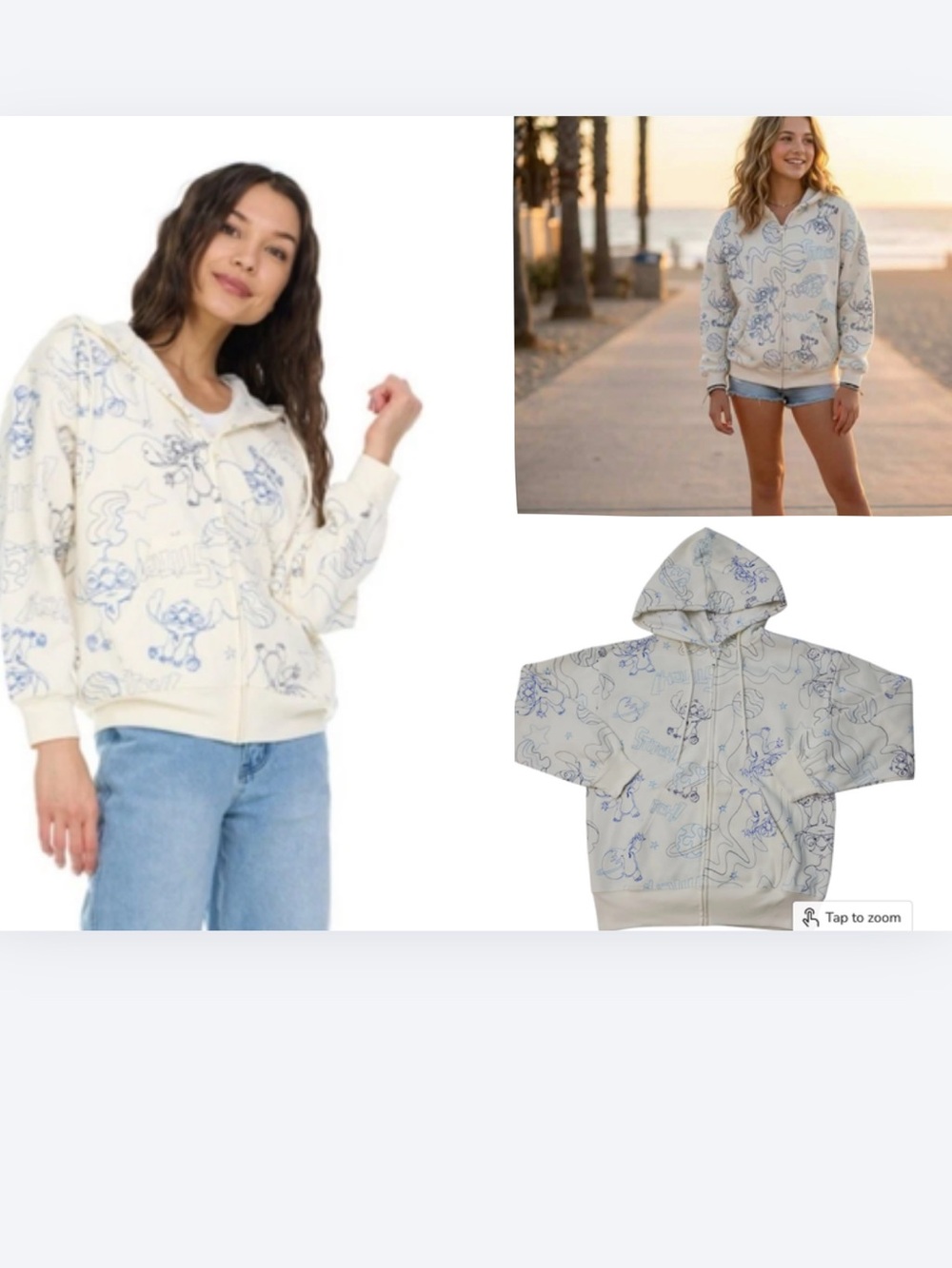 Disney Stitch Full Zip Hoodie Embroidered Graphic Print Cream.